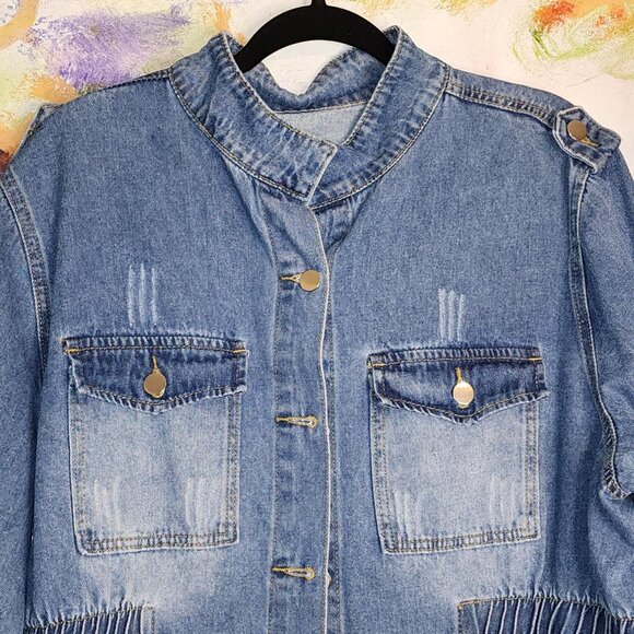 Denim Distressed Vintage Inspired Jacket & Shoulder Epaulet Button Front - Picture 5 of 7